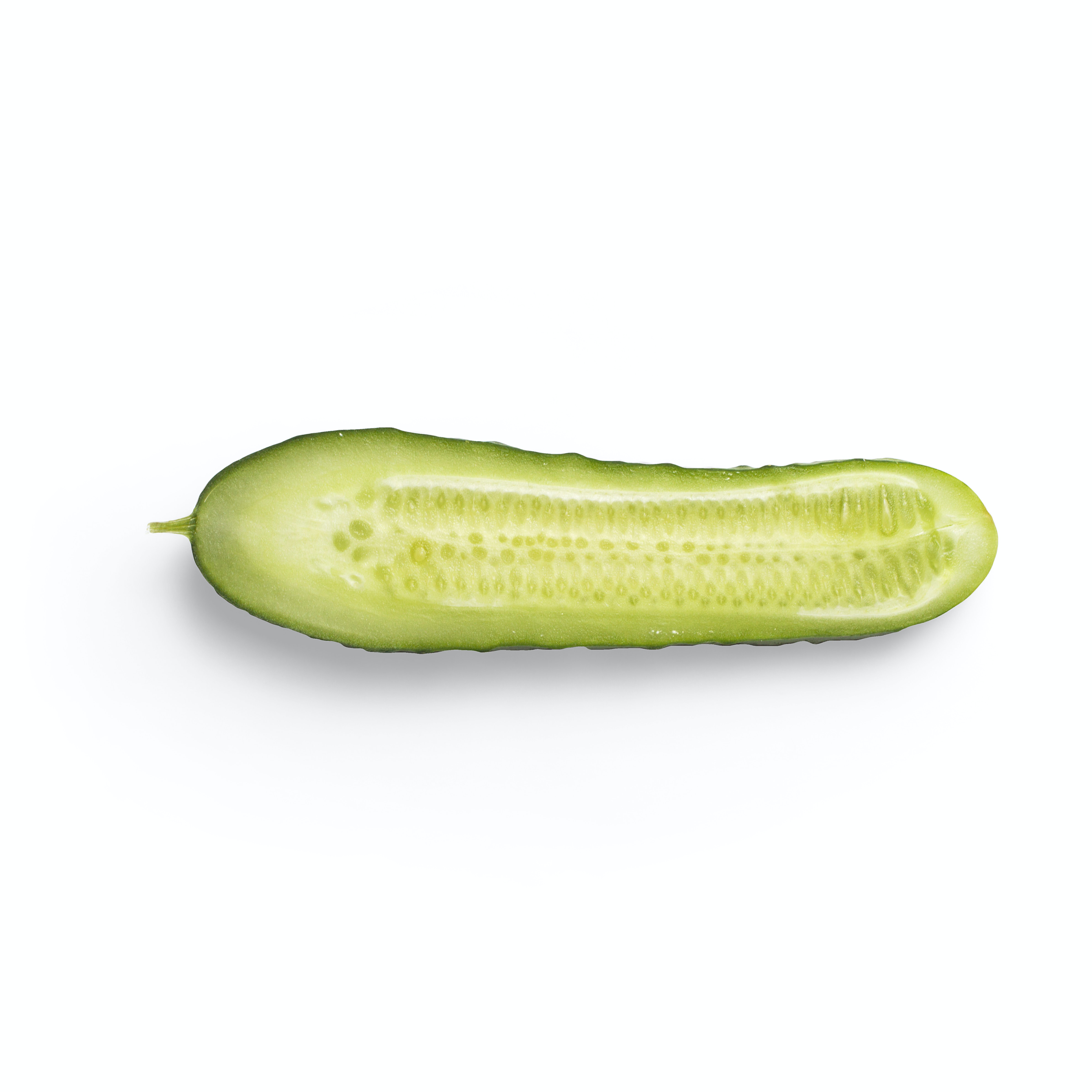 A dill pickle which is bisected length-wise, appears on a white background, seed side up.
